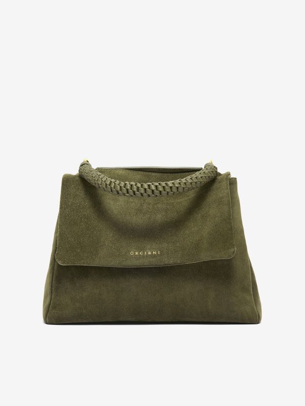 ORCIANI Sveva media camoscio + manico intrecciato Verde oliva