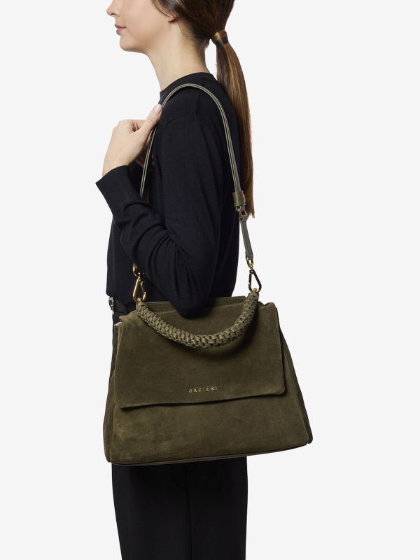 ORCIANI Sveva media camoscio + manico intrecciato Verde oliva