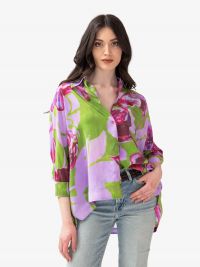 KITAGI Camicia a maniche 3/4 seta fondo lilla + fiori fantasia 