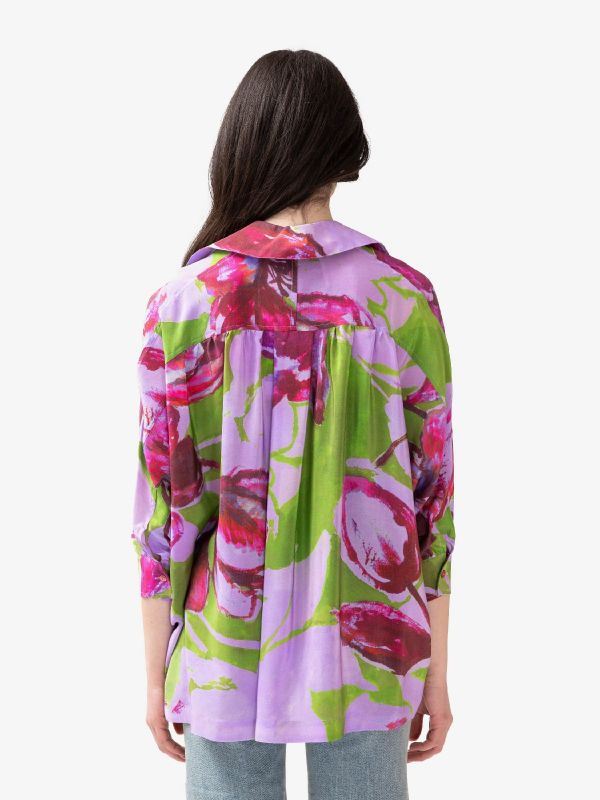 KITAGI Camicia a maniche 3/4 seta fondo lilla + fiori fantasia 