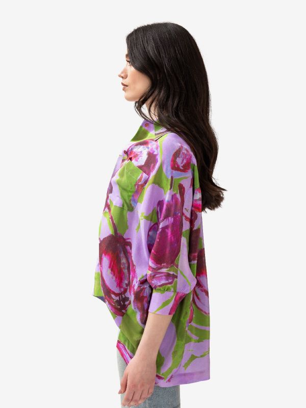KITAGI Camicia a maniche 3/4 seta fondo lilla + fiori fantasia 