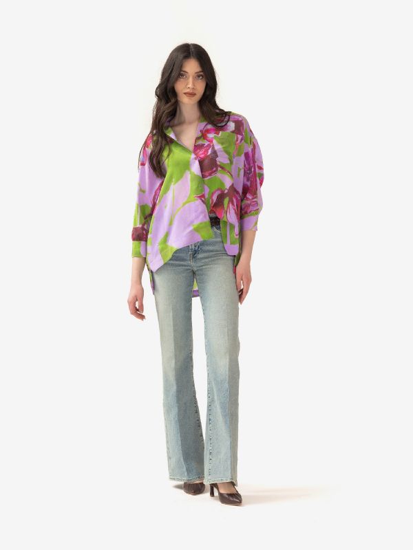 KITAGI Camicia a maniche 3/4 seta fondo lilla + fiori fantasia 