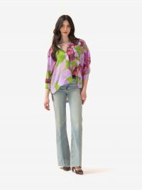 KITAGI Camicia a maniche 3/4 seta fondo lilla + fiori fantasia 