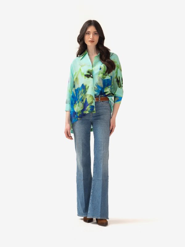 KITAGI Camicia m 3/4 seta + fiori fantasia Verde acqua