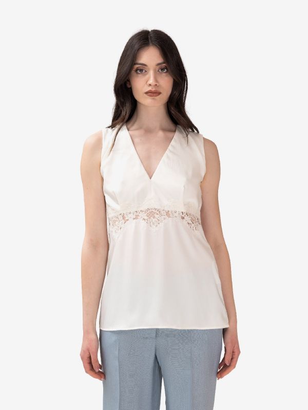P.A.R.O.S.H. Blusa smanicata con pizzo seta Panna