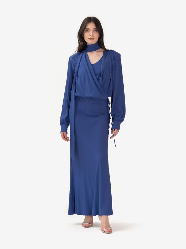 FEDERICA TOSI Camicia con sciarpetta corto seta Blu cobalto