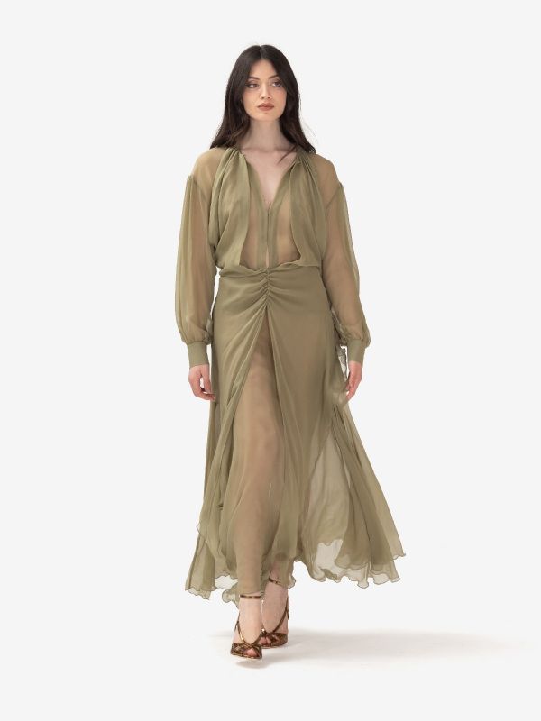 ERIKA CAVALLINI Abito lungo con rouches Verde salvia