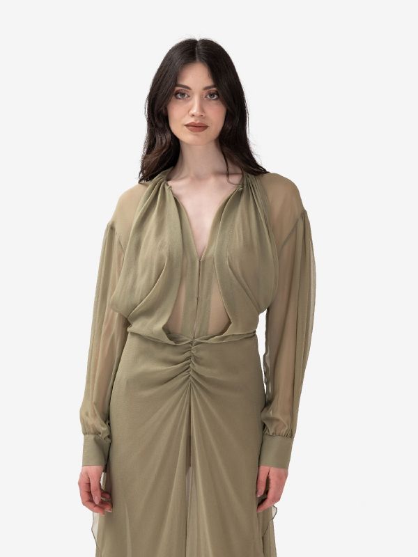 ERIKA CAVALLINI Abito lungo con rouches Verde salvia