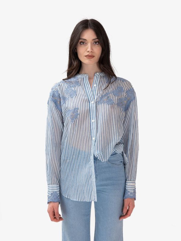 ERMANNO SCERVINO Camicia over collo alla coreana a righe con ricami 