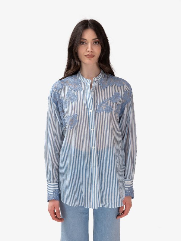 ERMANNO SCERVINO Camicia over collo alla coreana a righe con ricami 