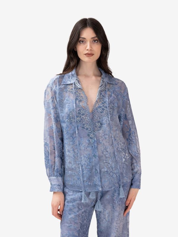 ERMANNO SCERVINO Camicia ricamata misto lino Azzurro