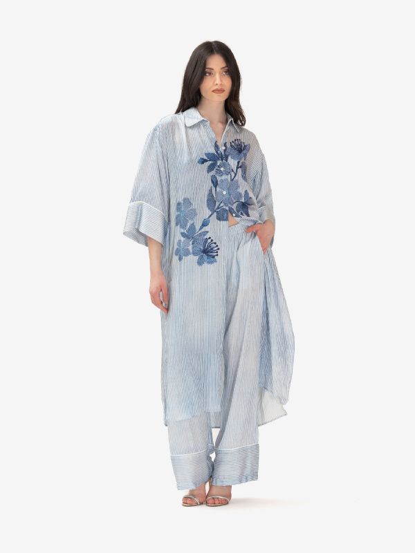 ERMANNO SCERVINO Pantalone palazzo a righe viscosa celeste/bianco 