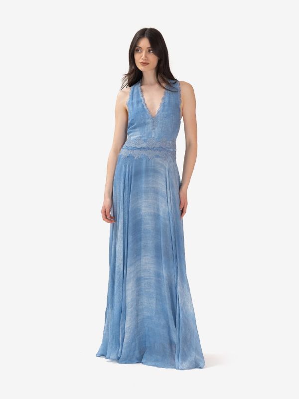 ERMANNO SCERVINO Abito lungo misto lino con pizzo Azzurro