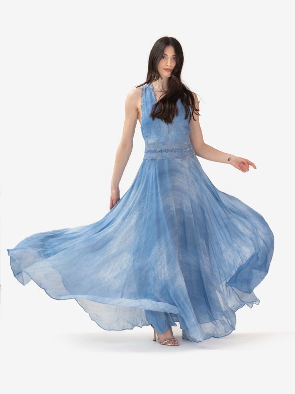 ERMANNO SCERVINO Abito lungo misto lino con pizzo Azzurro