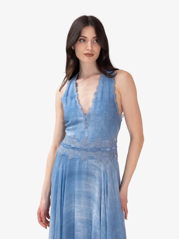 ERMANNO SCERVINO Abito lungo misto lino con pizzo Azzurro