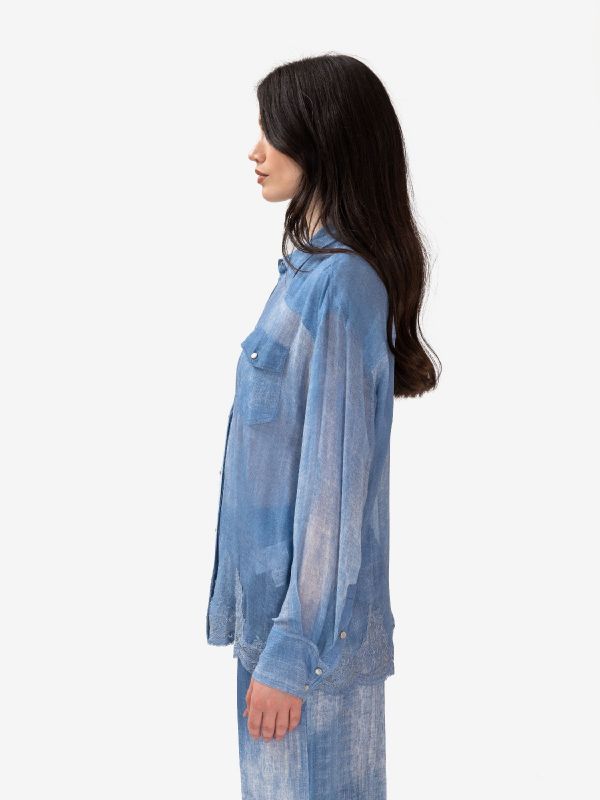 ERMANNO SCERVINO Camicia misto lino con ricami pizzo Azzurro