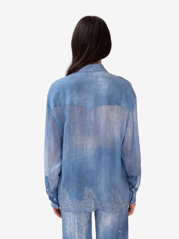 ERMANNO SCERVINO Camicia misto lino con ricami pizzo Azzurro