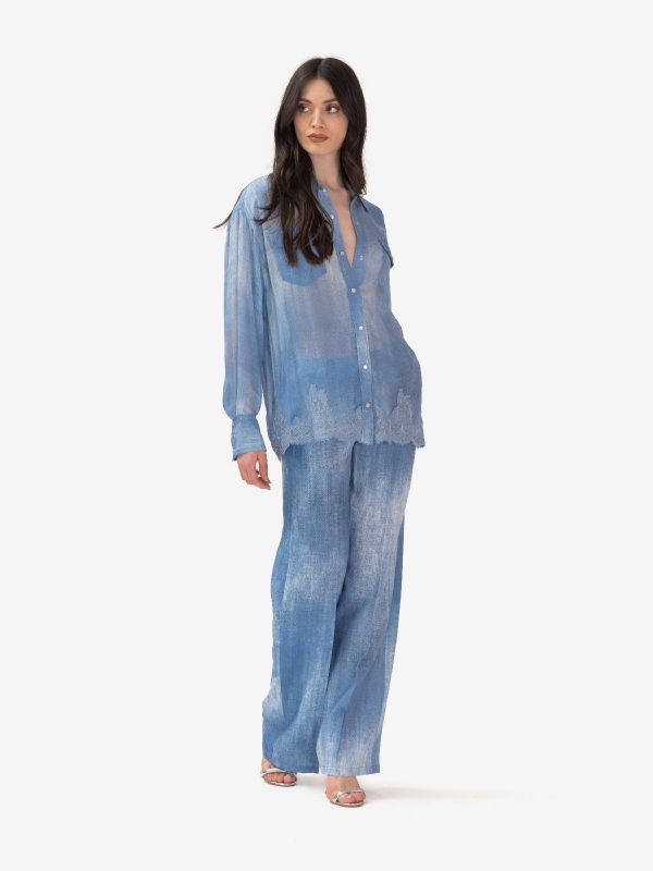 ERMANNO SCERVINO Camicia misto lino con ricami pizzo Azzurro