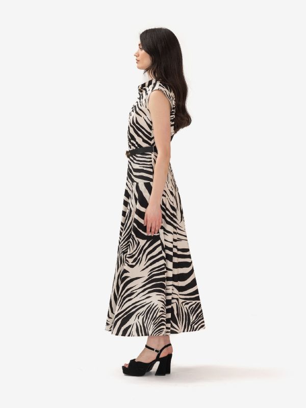 MAX MARA STUDIO Abito lungo cotone smanicato fantasia con cintura Zebrato