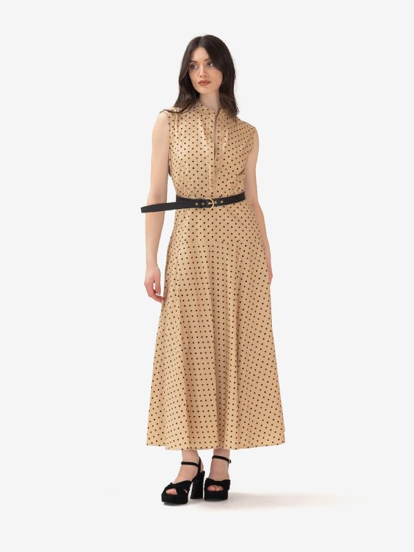 MAX MARA STUDIO Abito lungo cotone smanicato fantasia a pois beige/nero 