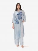 ERMANNO SCERVINO Abito midi misto lino con pizzo scollo incrociato Azzurro