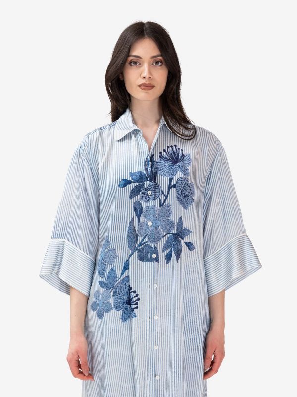 ERMANNO SCERVINO Abito chemisier a righe con ricami fiori Azzurro