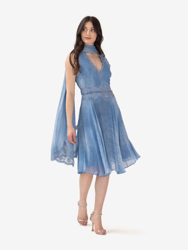 ERMANNO SCERVINO Abito midi misto lino con pizzo scollo incrociato Azzurro