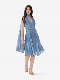 ERMANNO SCERVINO Abito midi misto lino con pizzo scollo incrociato Azzurro