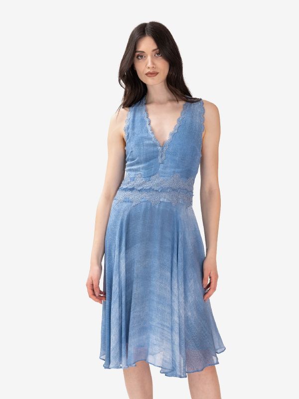 ERMANNO SCERVINO Abito midi misto lino con pizzo scollo incrociato Azzurro