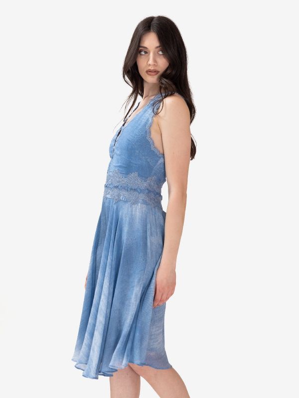 ERMANNO SCERVINO Abito midi misto lino con pizzo scollo incrociato Azzurro