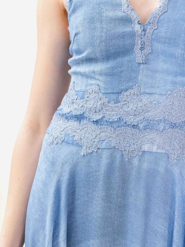 ERMANNO SCERVINO Abito midi misto lino con pizzo scollo incrociato Azzurro