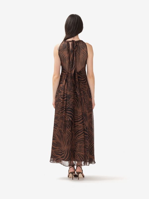 MAX MARA STUDIO Abito midi seta zebrato marrone/nero