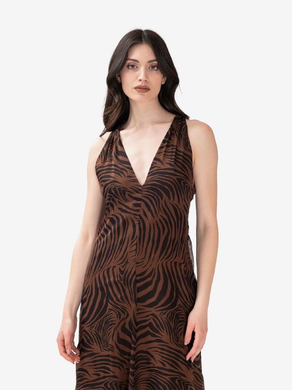 MAX MARA STUDIO Abito midi seta zebrato marrone/nero