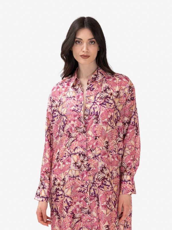 MOMONI' Abito chemisier lungo m/l seta fantasia fiori begonia/viola