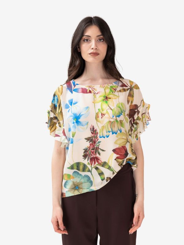 MOMONI' Blusa m/c con rouches fiori Panna