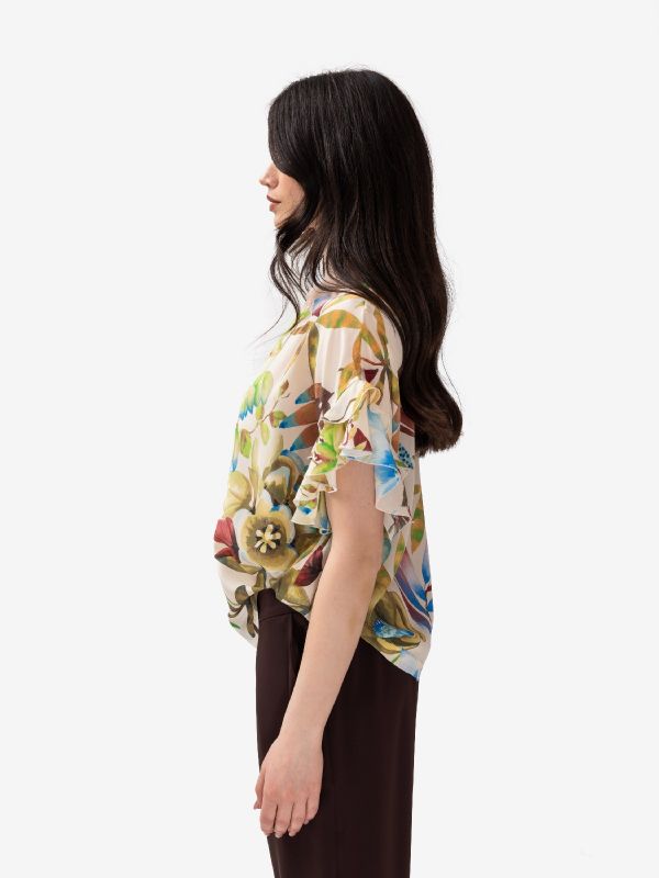 MOMONI' Blusa m/c con rouches fiori Panna