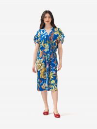 MOMONI' Abito lungo seta m/c con rouches + fiori colorati Blu