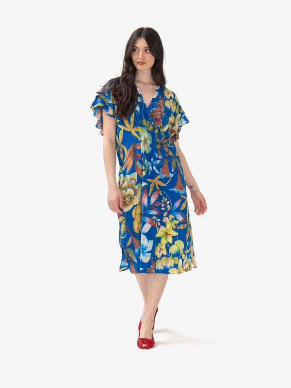 MOMONI' Abito lungo seta m/c con rouches + fiori colorati Blu