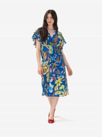 MOMONI' Abito lungo seta m/c con rouches + fiori colorati Blu
