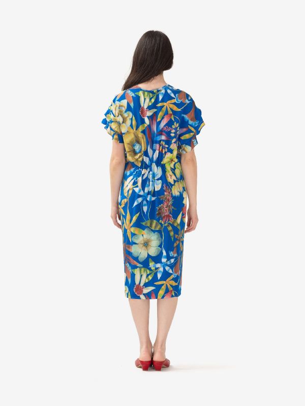 MOMONI' Abito lungo seta m/c con rouches + fiori colorati Blu