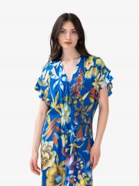 MOMONI' Abito lungo seta m/c con rouches + fiori colorati Blu