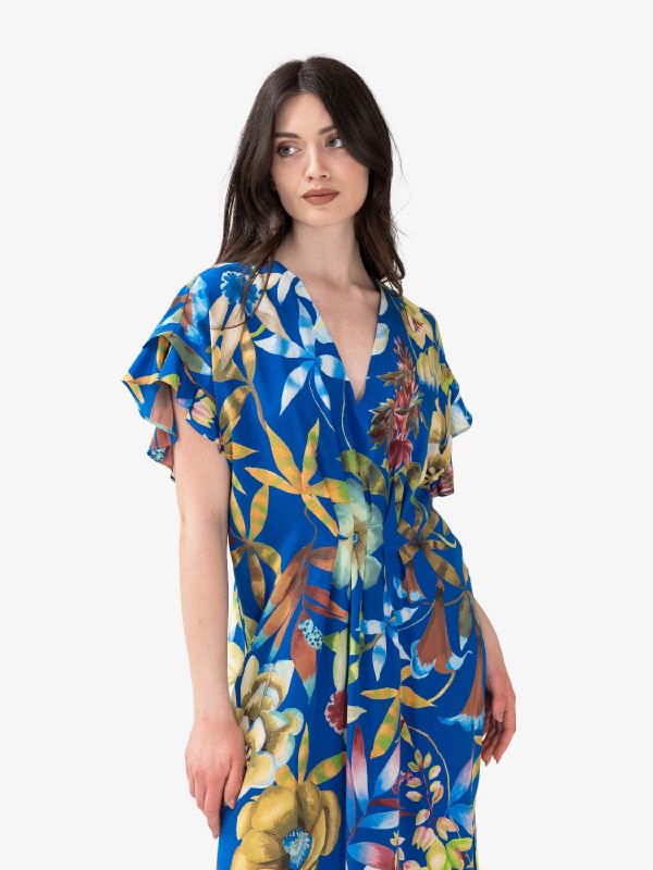 MOMONI' Abito lungo seta m/c con rouches + fiori colorati Blu