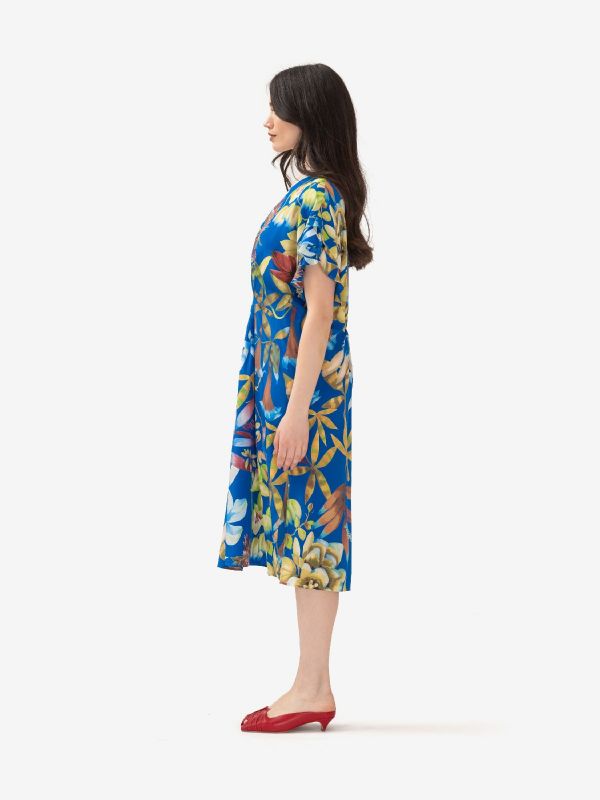 MOMONI' Abito lungo seta m/c con rouches + fiori colorati Blu