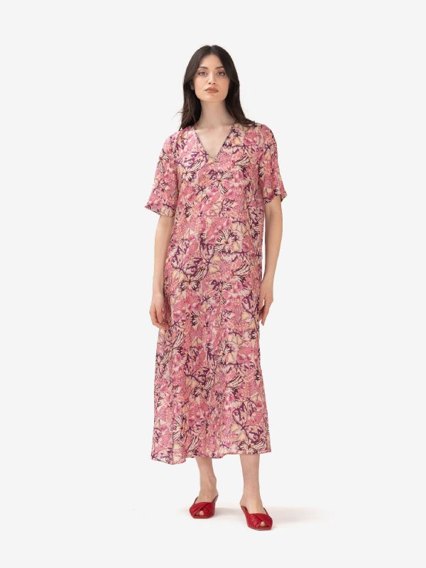 MOMONI' Abito lungo seta scollo a v fantasia fiori Multicolor