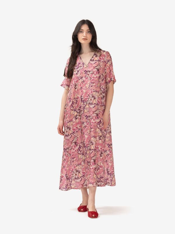 MOMONI' Abito lungo seta scollo a v fantasia fiori Multicolor