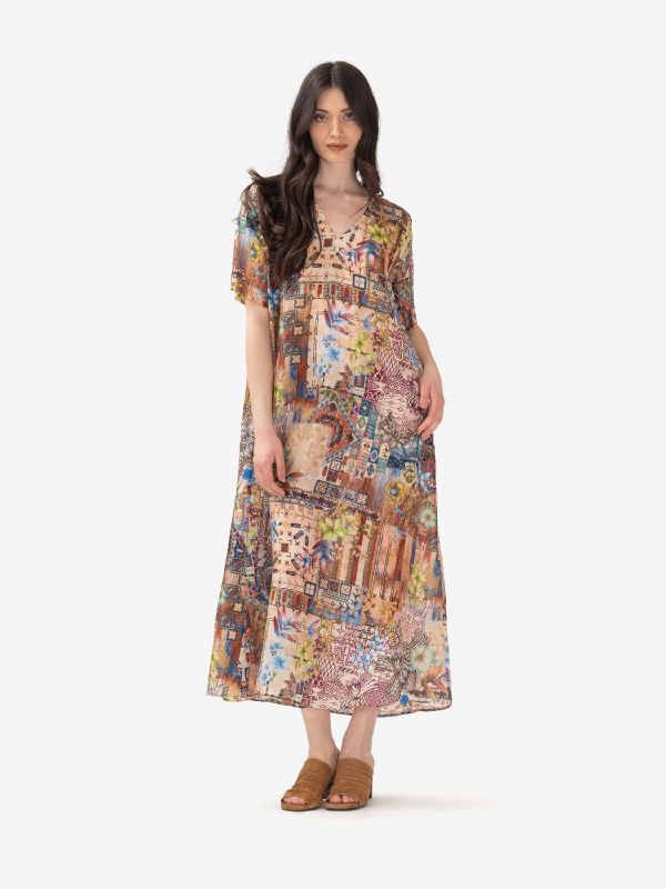 MOMONI' Abito lungo seta scollo a v fantasia Multicolor