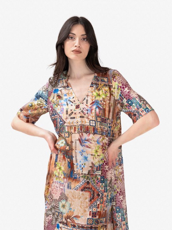 MOMONI' Abito lungo seta scollo a v fantasia Multicolor