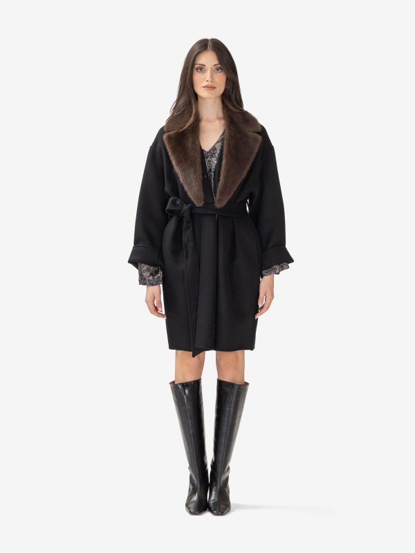 P.A.R.O.S.H. Cappotto lana con cintura + collo ecopelliccia Nero