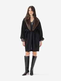 P.A.R.O.S.H. Cappotto lana con cintura + collo ecopelliccia Nero