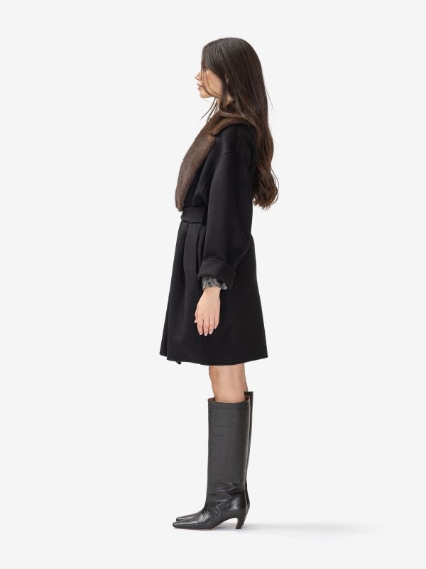 P.A.R.O.S.H. Cappotto lana con cintura + collo ecopelliccia Nero